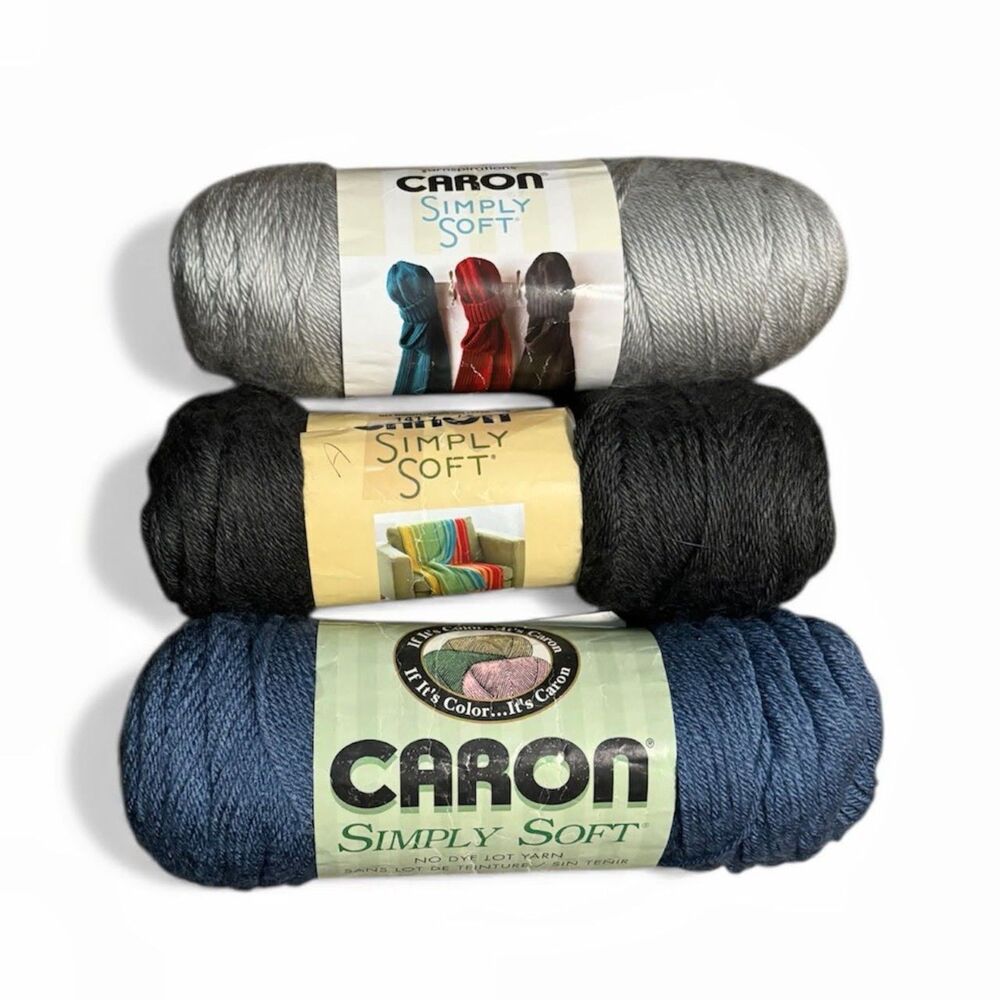 Set of 3 Caron Simply Soft, Feathered Grey, Country Blue, Charcoal, Acrylic Yarn